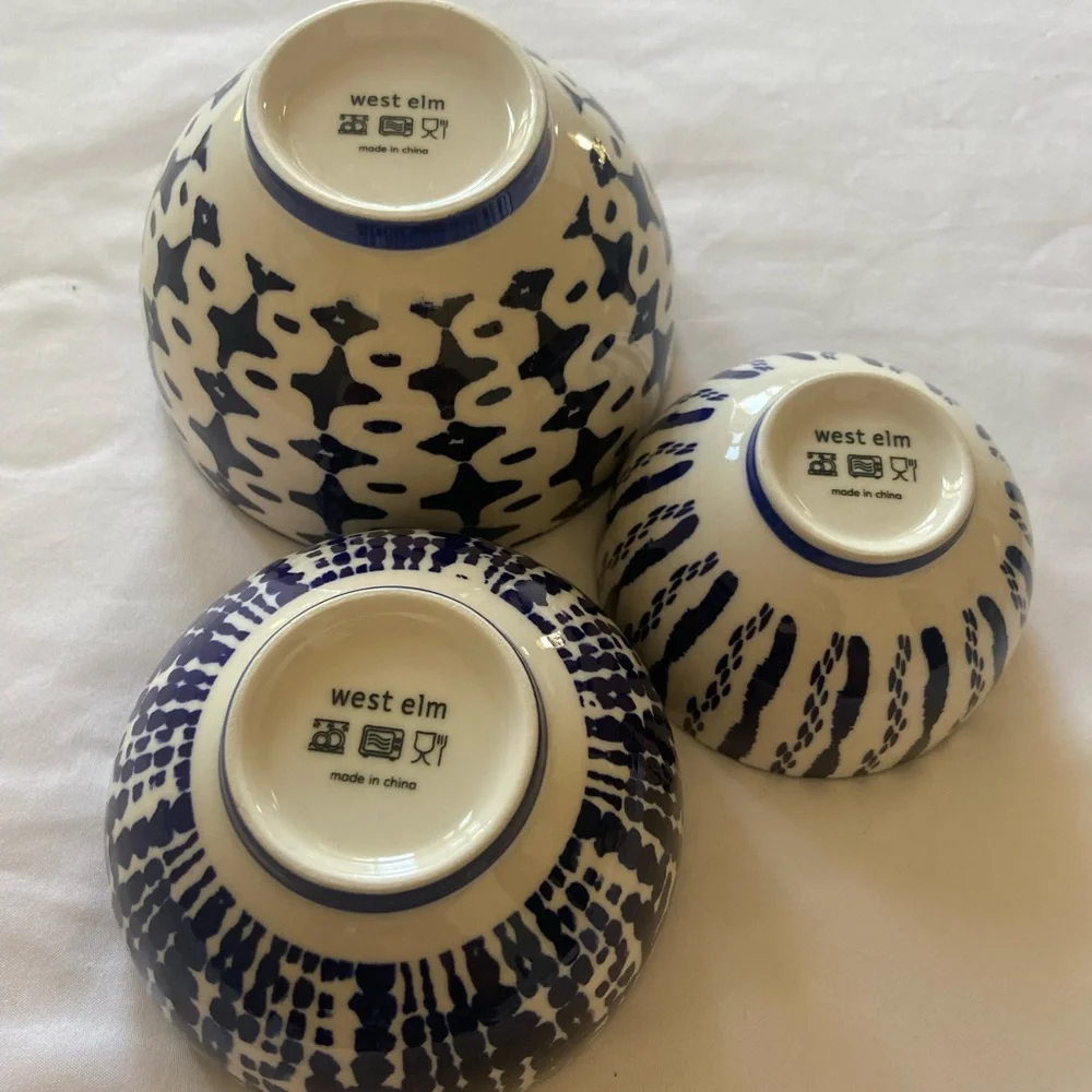 (3) West Elm indigo bowls
